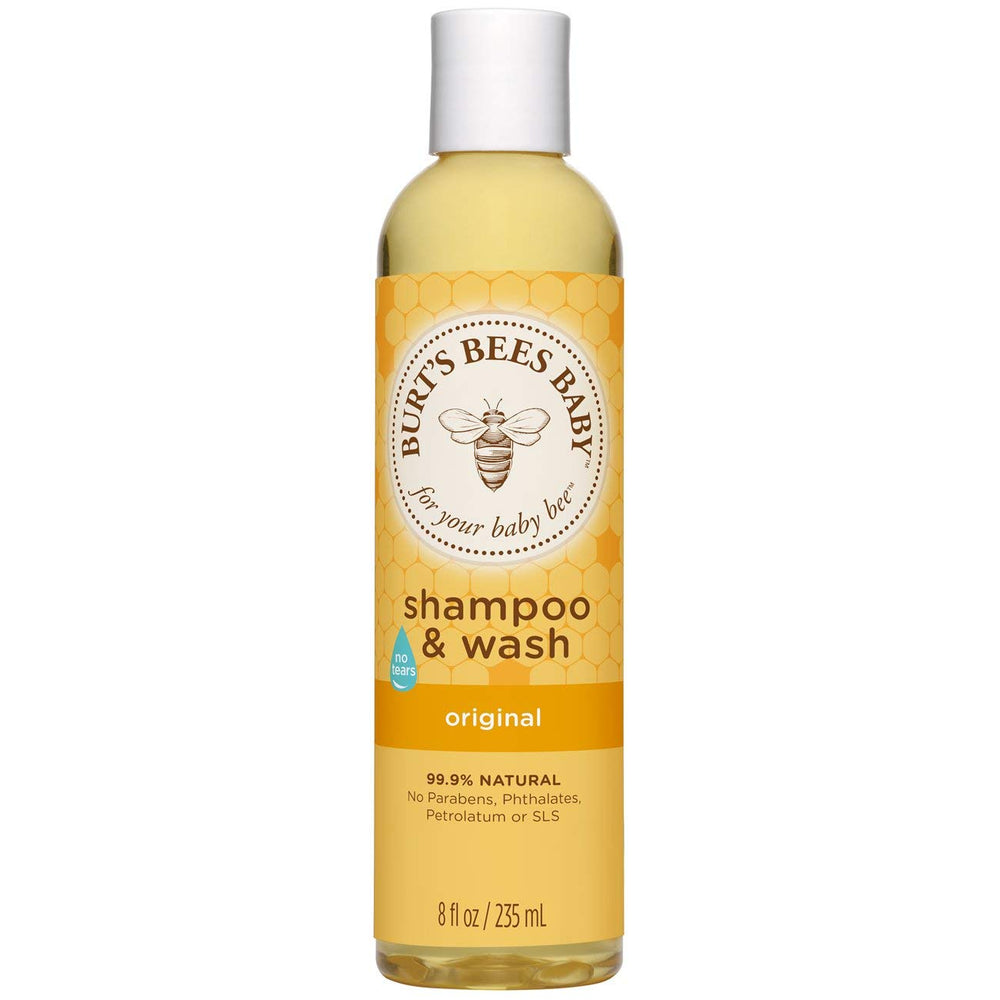 Burt's Bees Baby Bee Original Shampoo & Wash bottle demonstrates tear-free, gentle cleansing for hair and skin