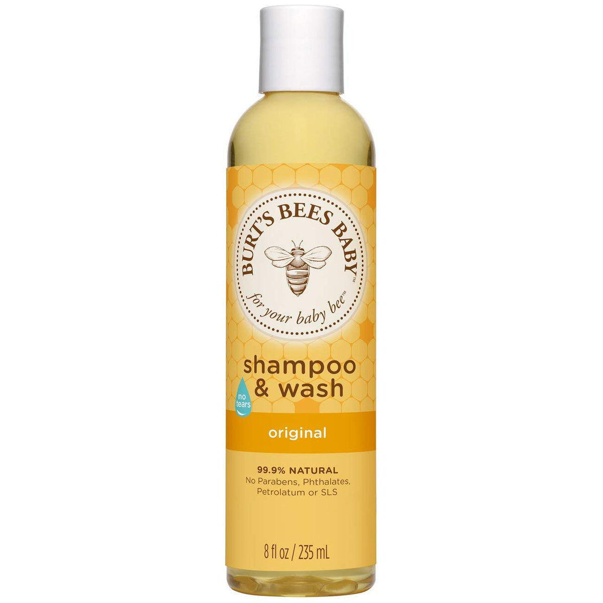 Burt's Bees Baby Bee Original Shampoo & Wash bottle demonstrates tear-free, gentle cleansing for hair and skin