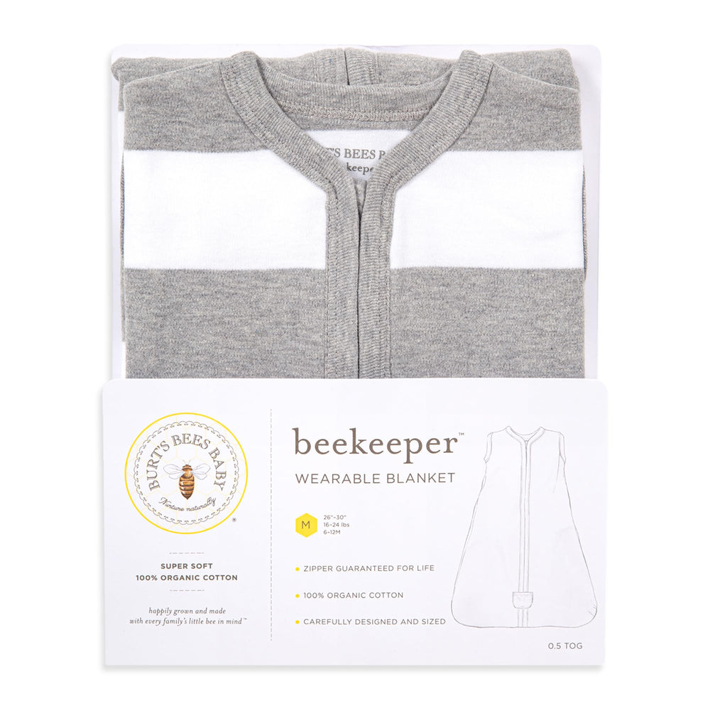 Rugby stripe heather grey Burt's Bees Beekeeper blanket complements nursery decor