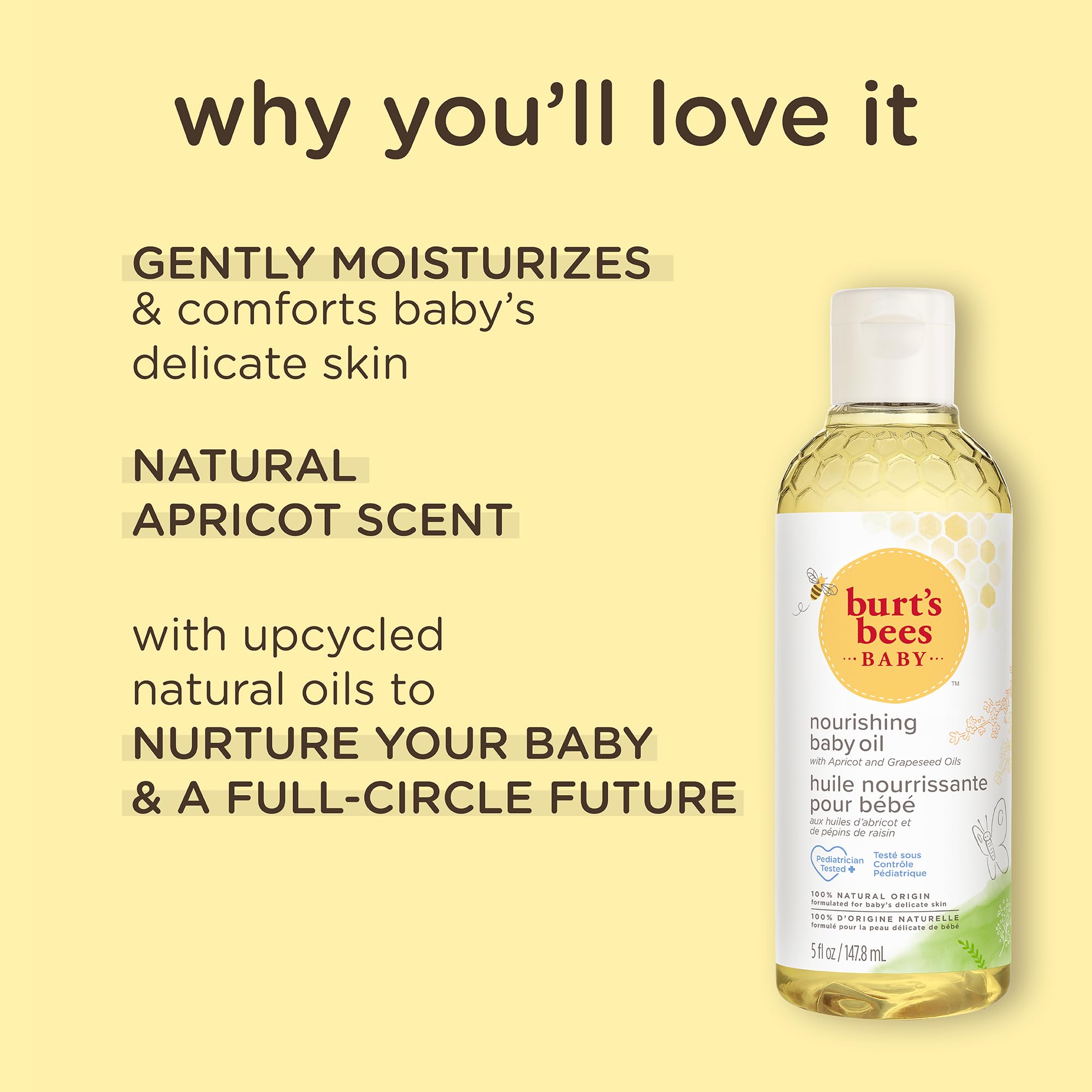 Burt's Bees Baby Nourishing Baby Oil label close-up shows natural care for skin
