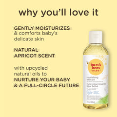 Burt's Bees Baby Nourishing Baby Oil label close-up shows natural care for skin