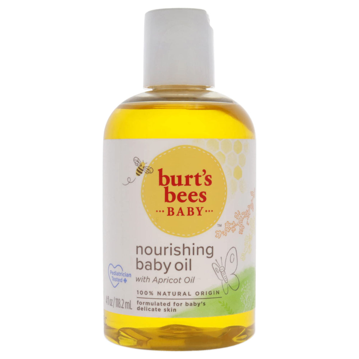 Burt's Bees Baby Oil bottle pour highlights apricot scent for gentle hydration.