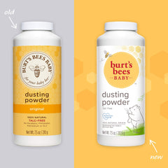 Close-up of Burt's Bees Baby Powder container highlighting talc-free, natural formula.