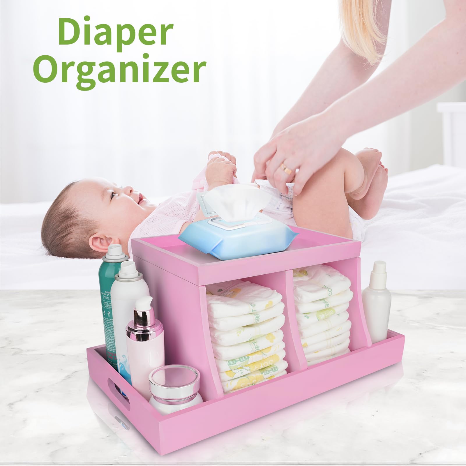 Busidhji changing table organizer in wood, sturdy storage for wipes and supplies