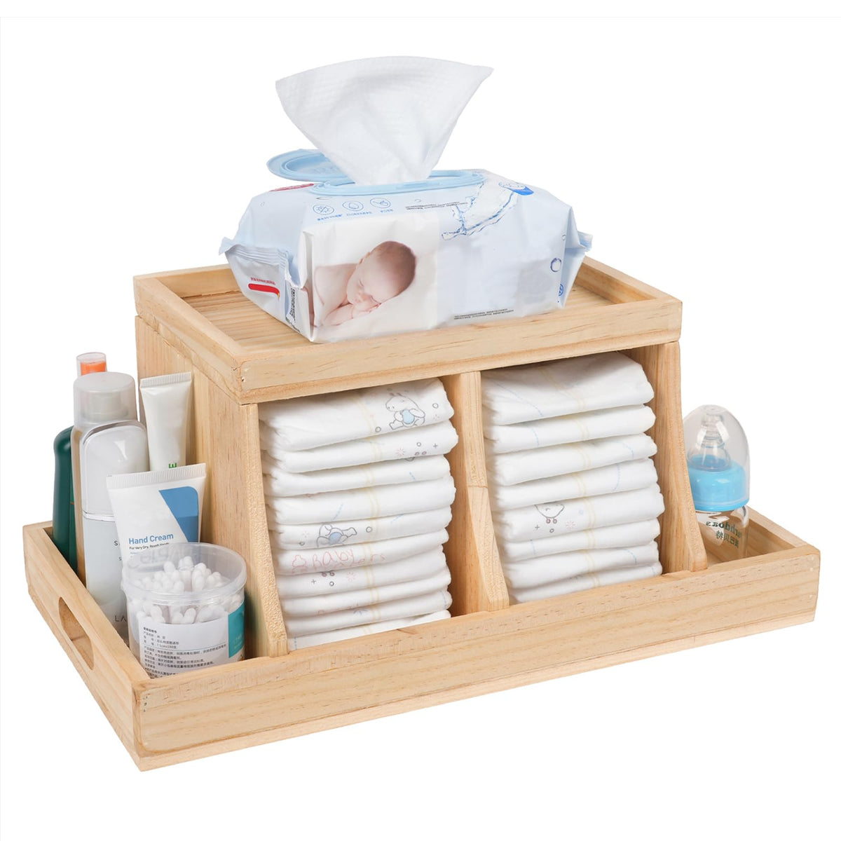 Busidhji diaper caddy front view with spacious main compartment for quick diaper access.