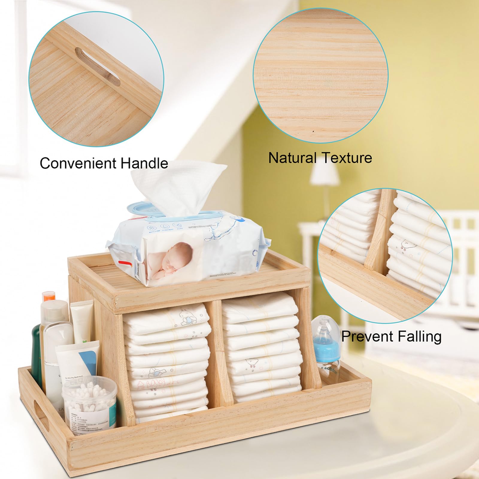 Busidhji diaper caddy handle design emphasizes portability and one-handed use.