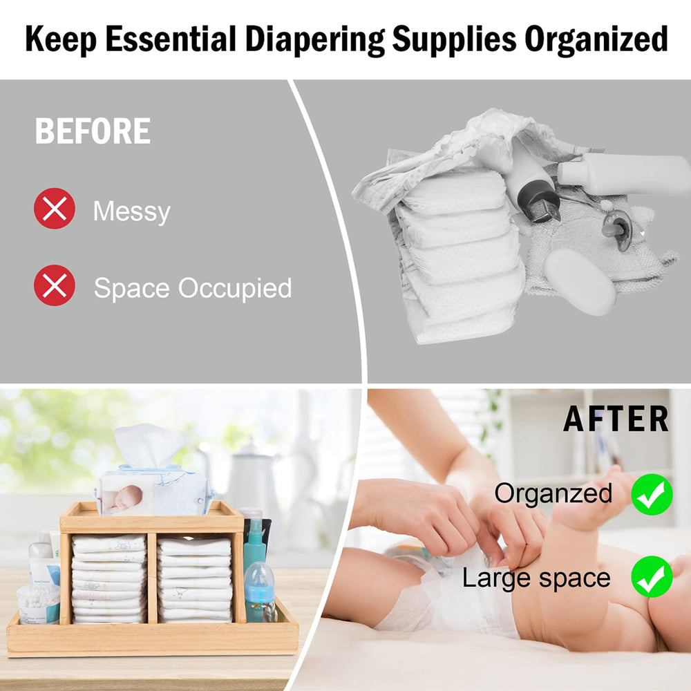 Busidhji diaper caddy with removable dividers organizing wipes and diapers for easy reach.
