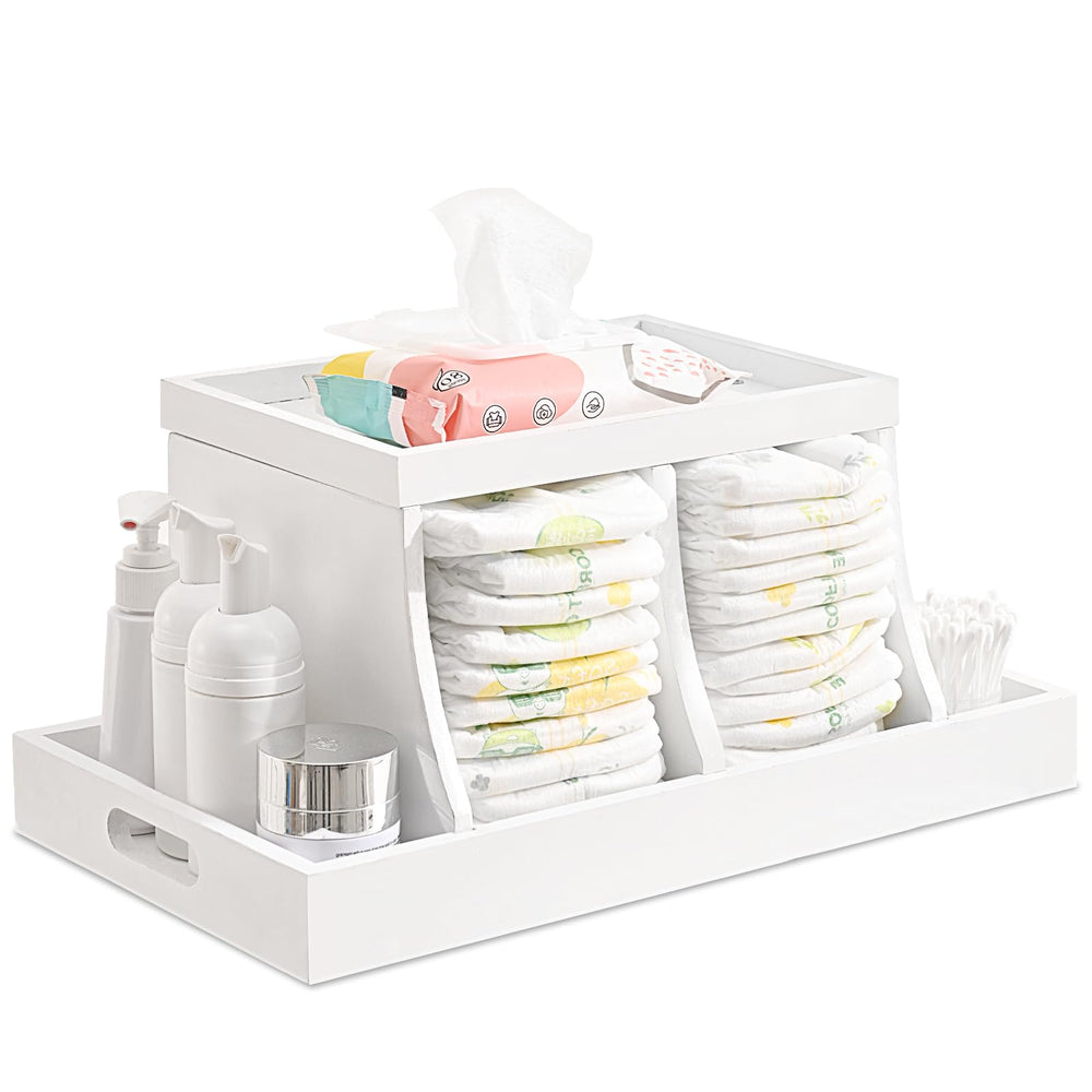 Busidhji diaper caddy top view shows wooden changing table storage in white finish