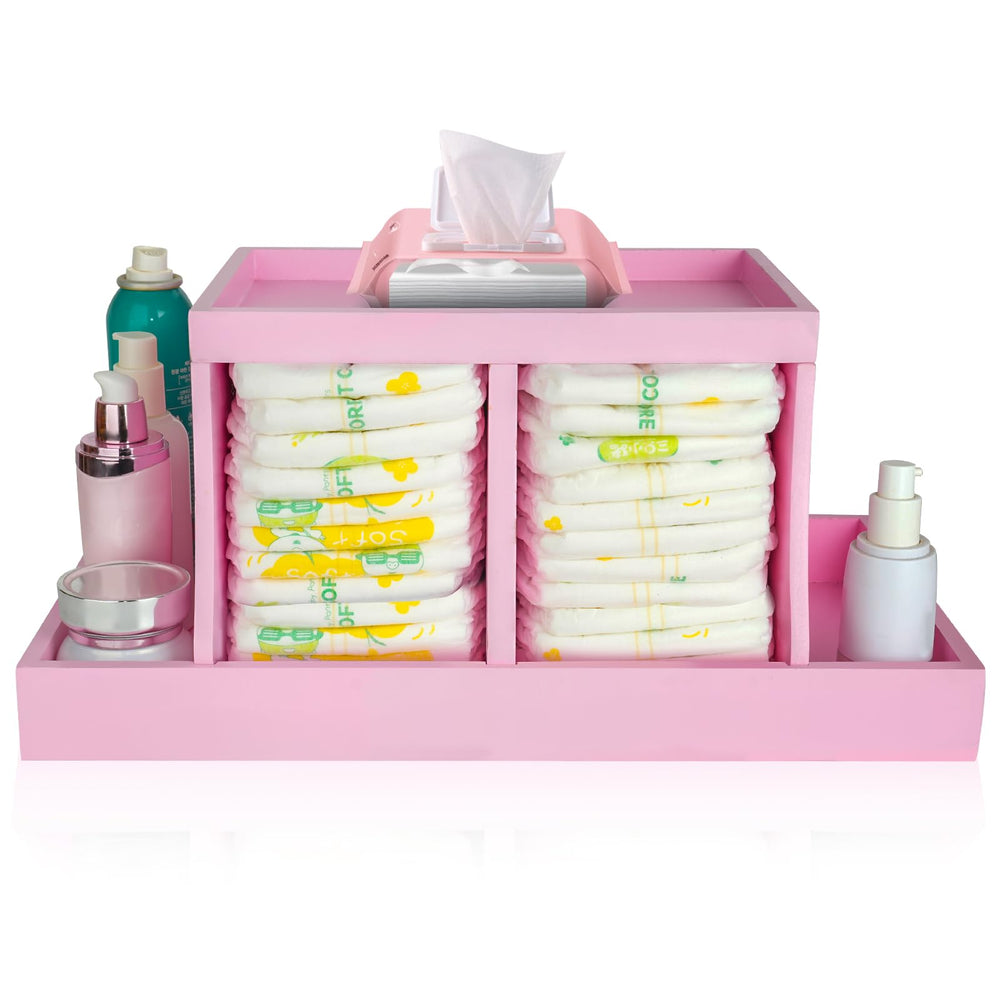 Busidhji diaper caddy in wooden pink finish keeps diapers organized and within reach