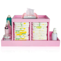 Busidhji diaper caddy in wooden pink finish keeps diapers organized and within reach