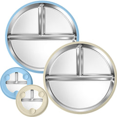 BUSOHA two-pack stainless steel plate with suction prevents spills during meals.