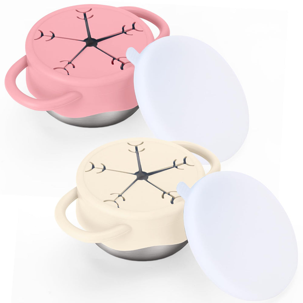 BUSOHA 2-pack stainless steel toddler snack cups show 12 oz capacity for mess-free snacking.