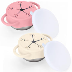 BUSOHA 2-pack stainless steel toddler snack cups show 12 oz capacity for mess-free snacking.