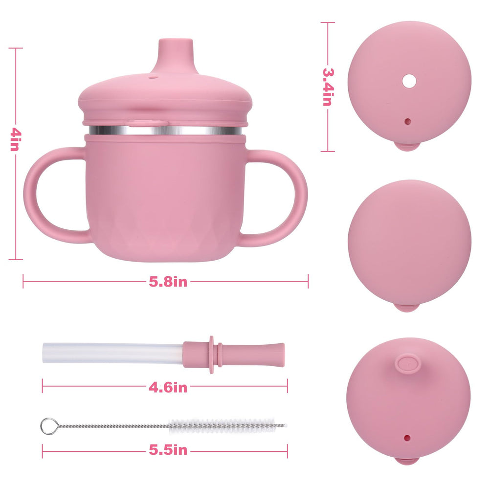 BUSOHA pink toddler sippy cup with straw lid supports on-the-go hydration.