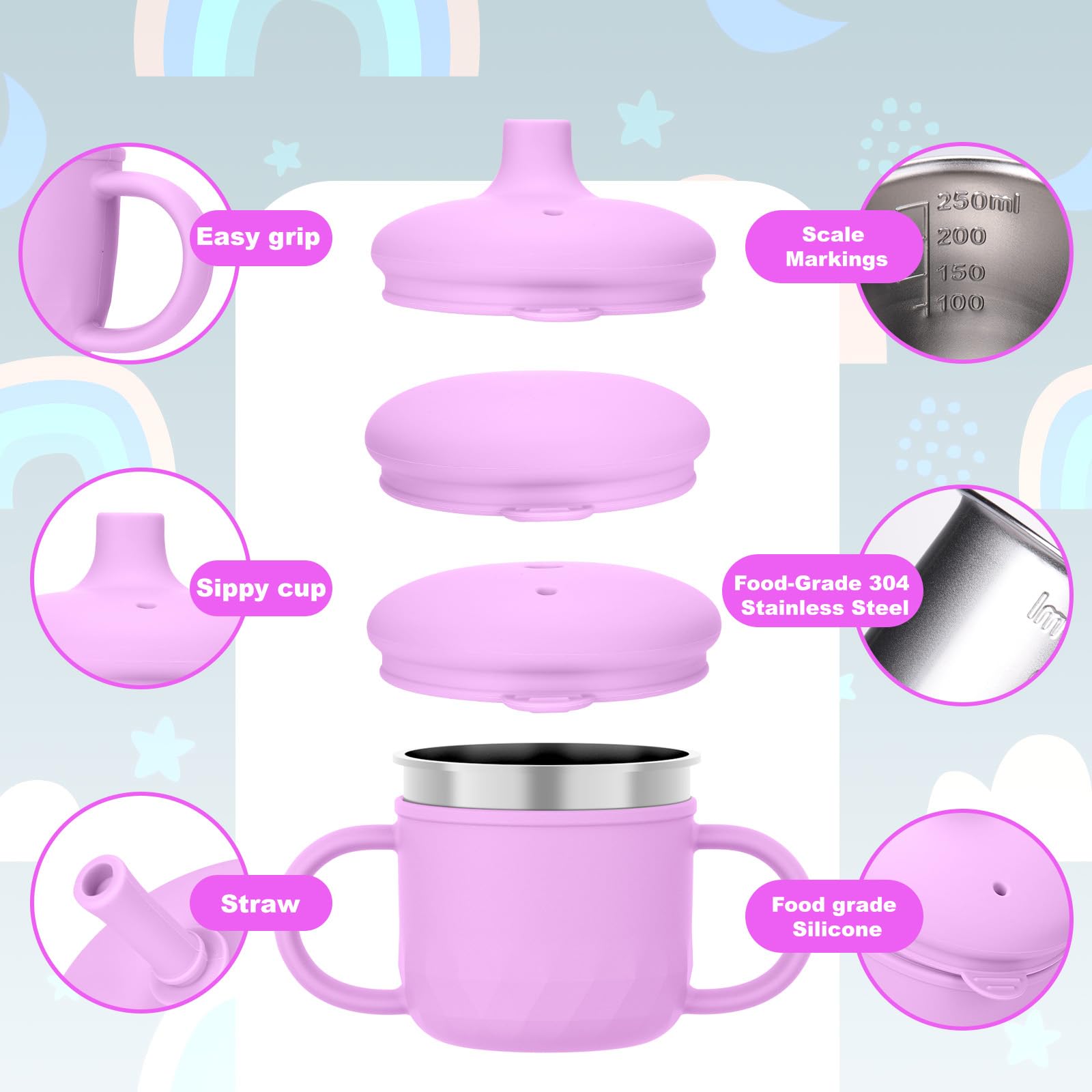 BUSOHA purple toddler sippy cup for small hands and independent sipping.
