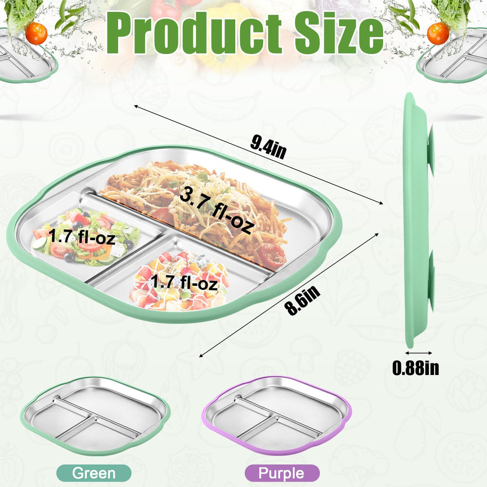 BUSOHA stainless steel divided plate shows three compartments for balance.
