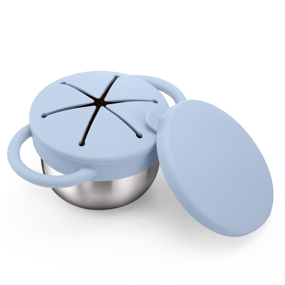 BUSOHA stainless steel toddler snack cups with blue lid for spill-free meals on the go.