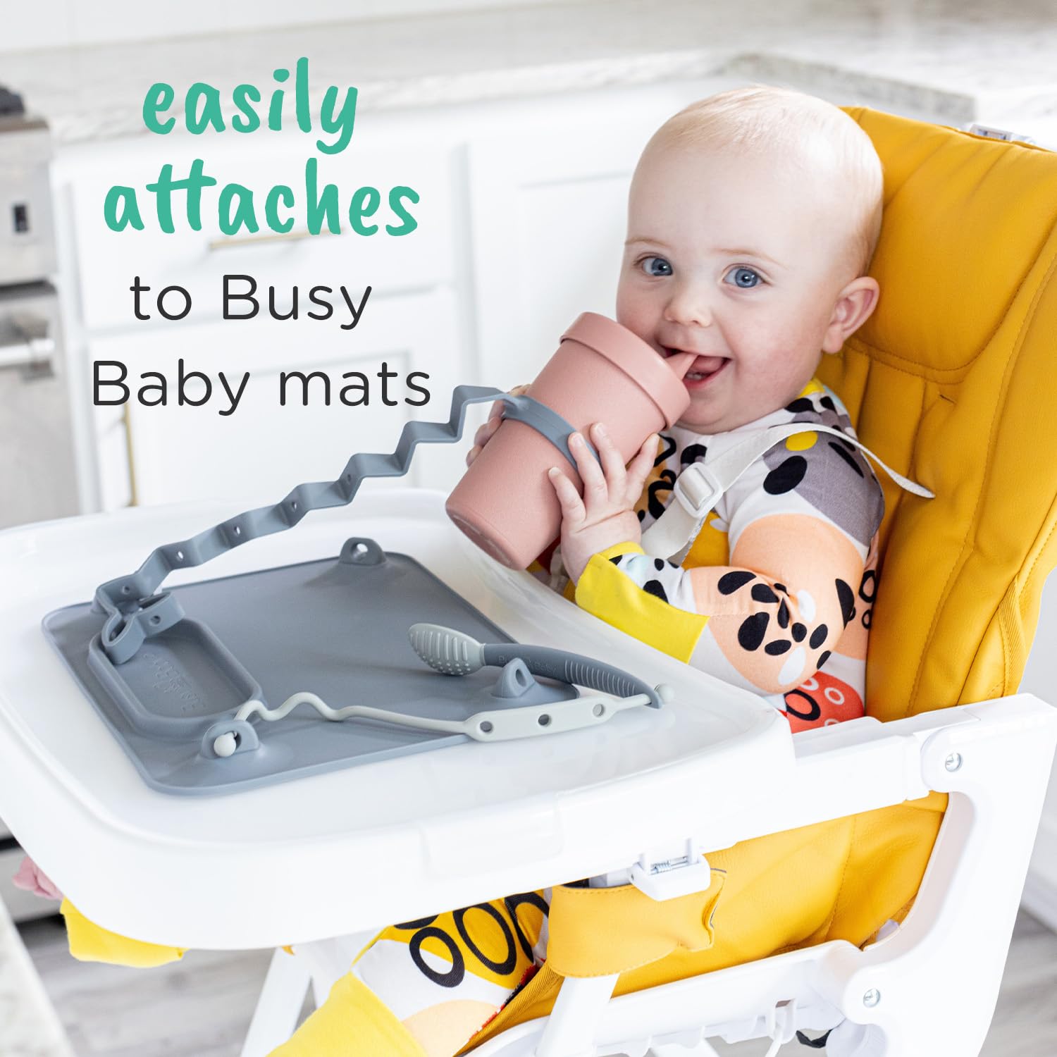 Busy Baby Bottle Bungee pewter in use at snack time