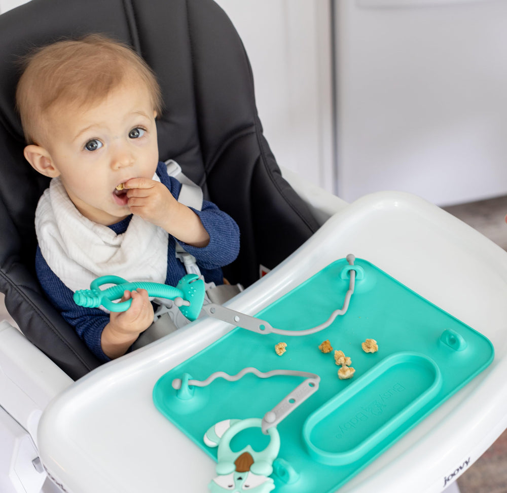 Busy Baby silicone mat measures 8.5 by 11.5 inches to fit most highchairs