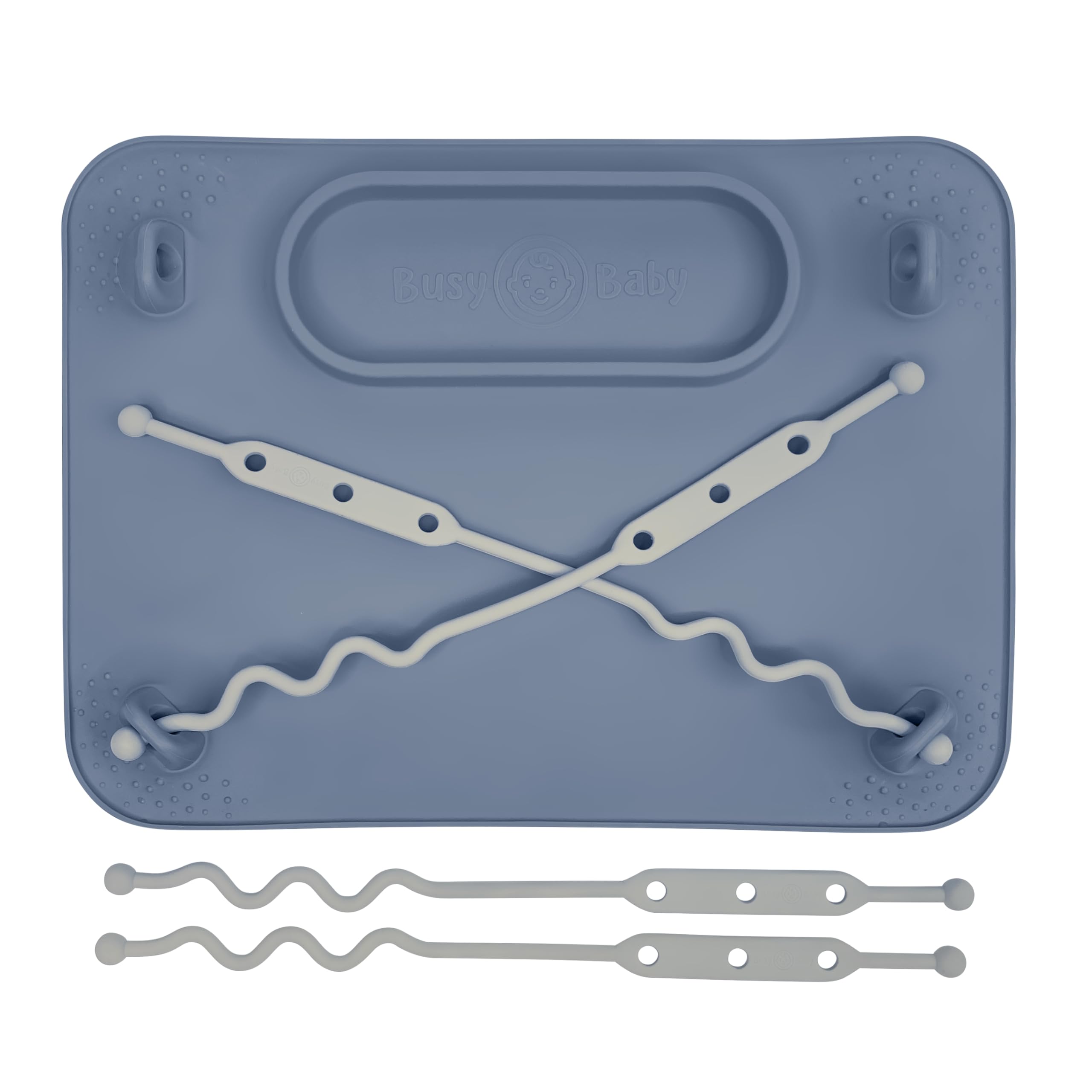 Busy Baby silicone mat with suction cups secures on smooth surfaces for mess-free meals