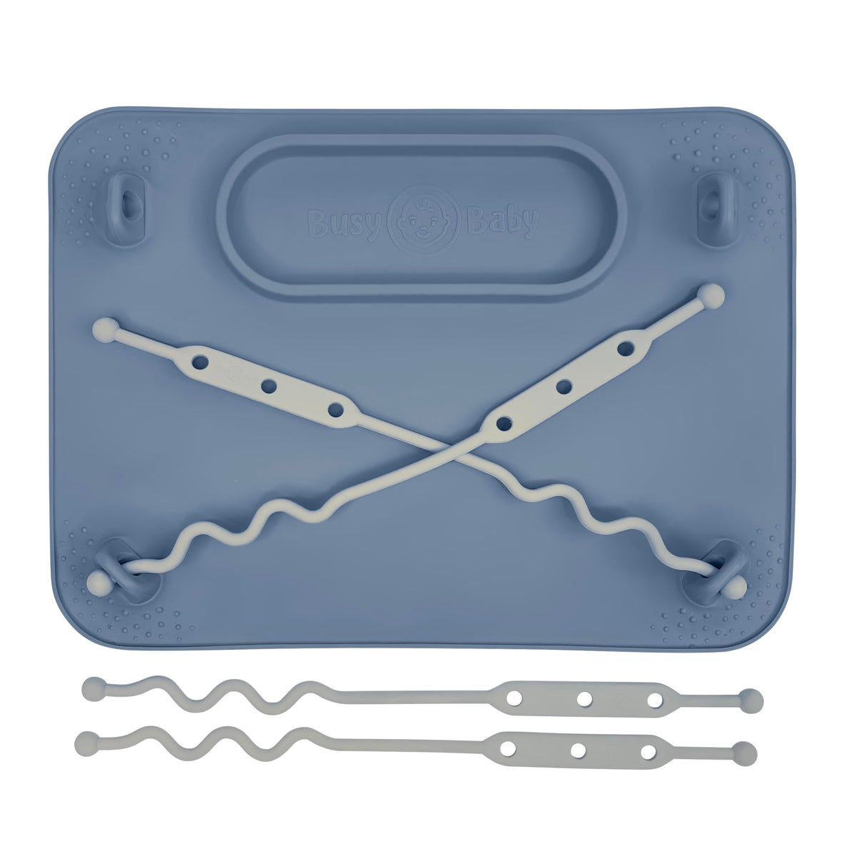 Busy Baby silicone mat with suction cups secures on smooth surfaces for mess-free meals
