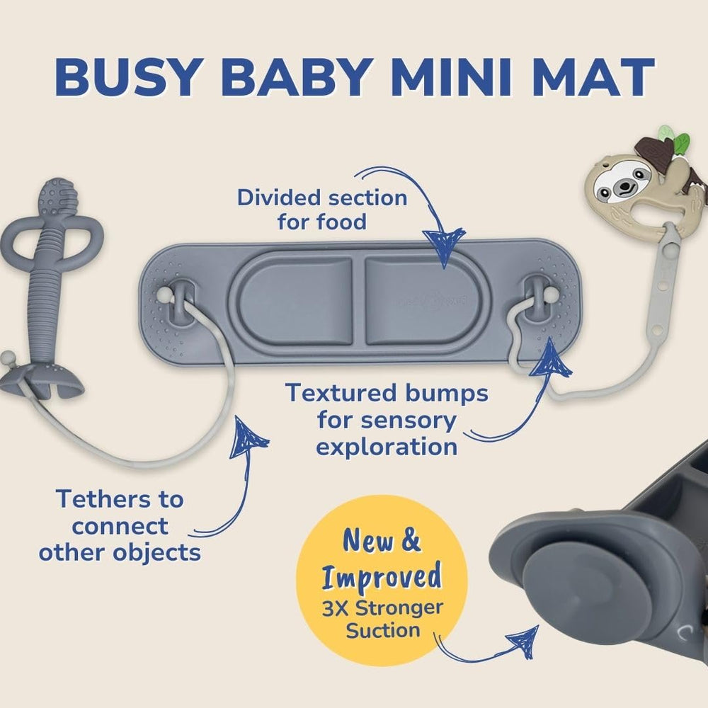 Busy Baby Mini Mat showing dual straps to secure utensils and cups.