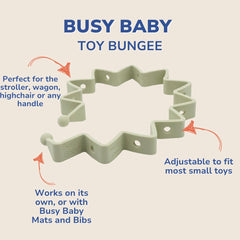 Busy Baby toy strap stays secure with adjustable tether points.