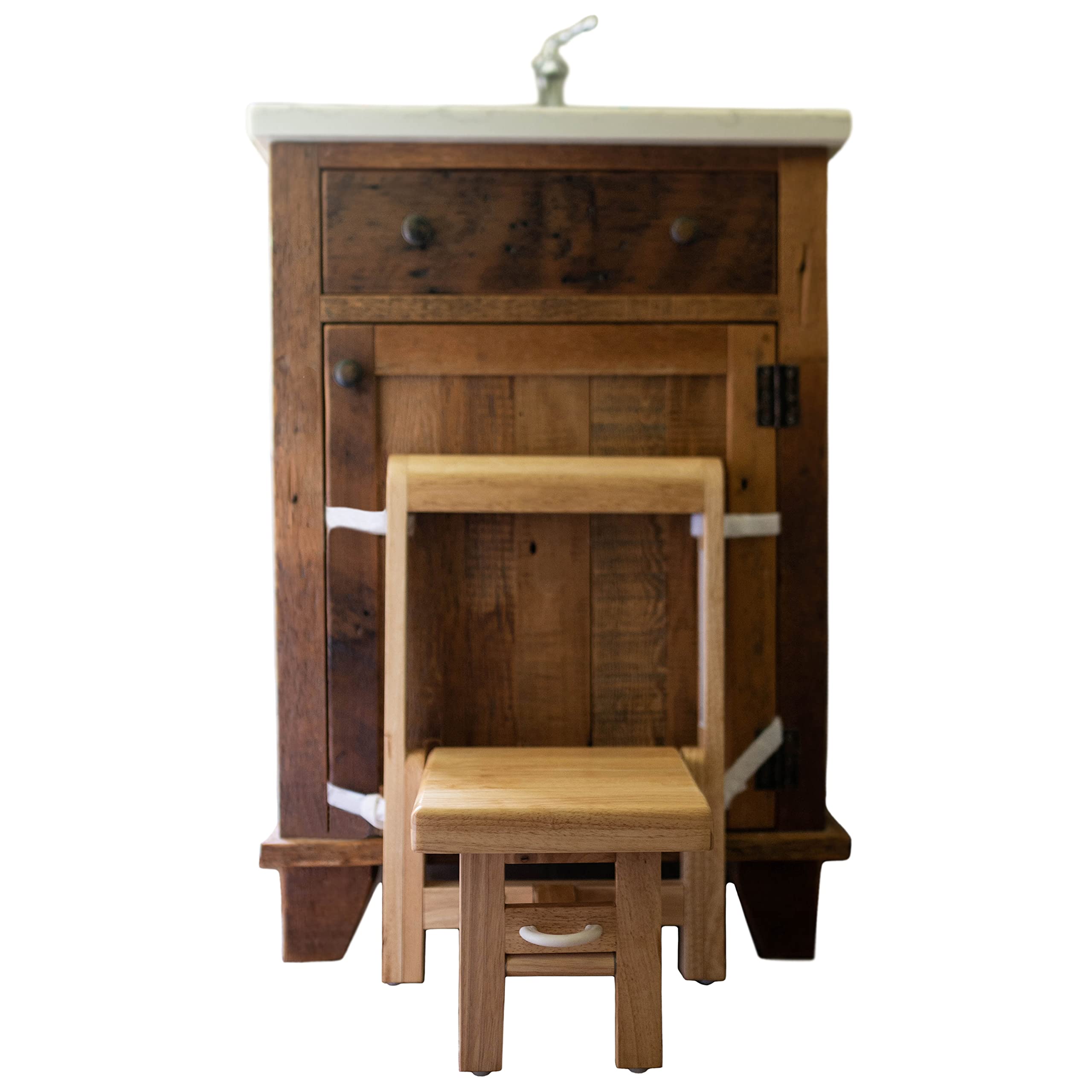Busy Kids Fold N Store stool folded in wood for compact storage.
