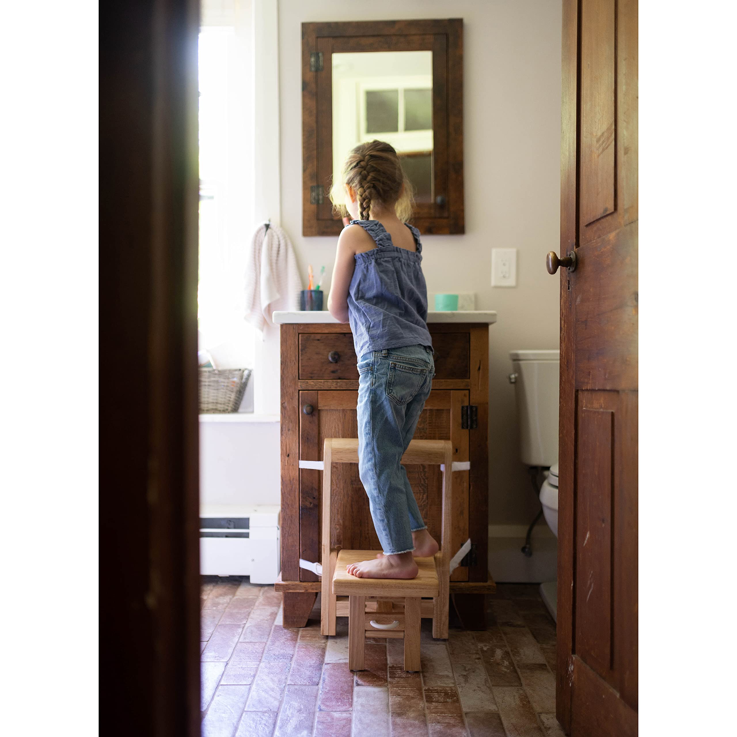Busy Kids Fold N Store stool with handle ready to move between rooms.