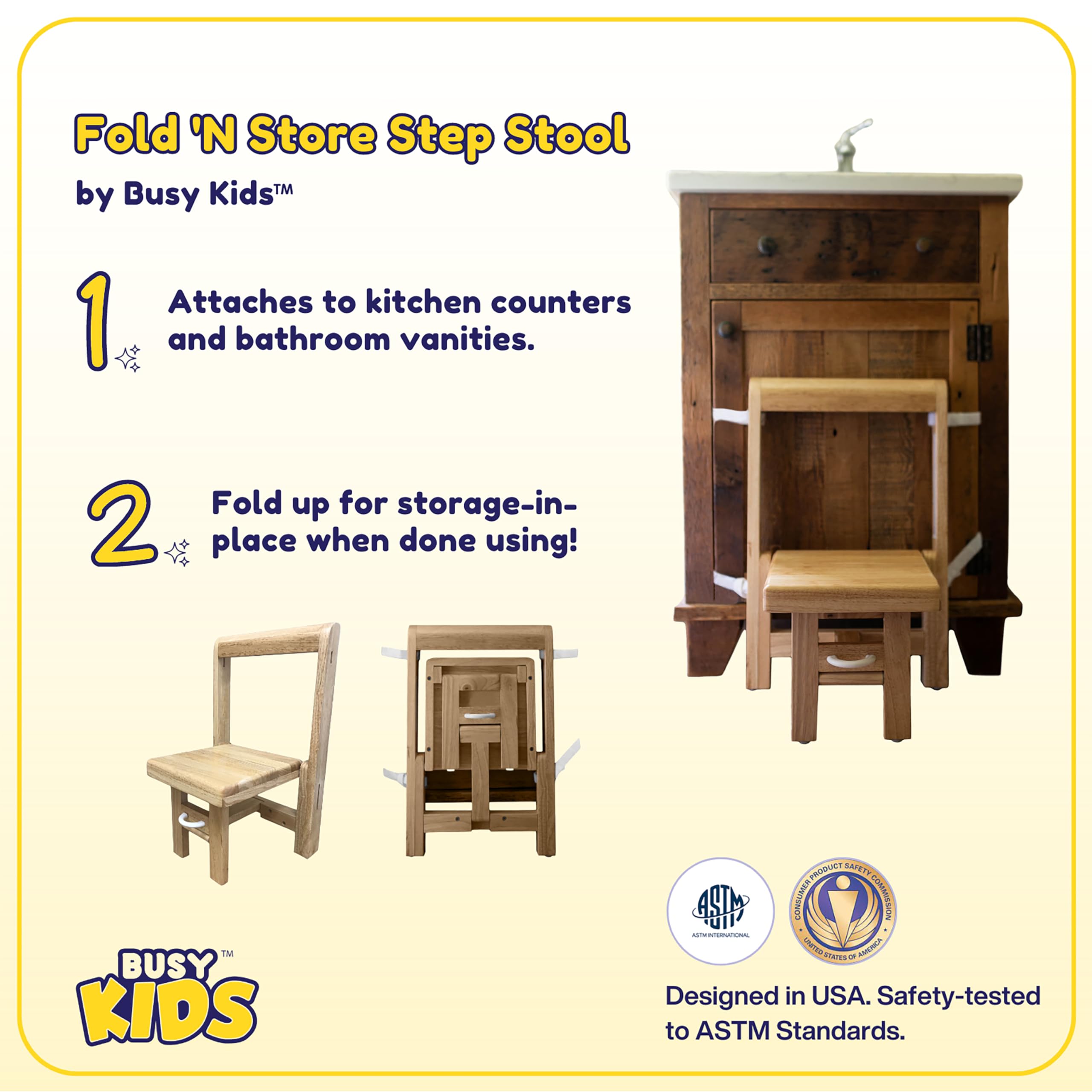 Busy Kids Fold N Store wood stool with Velcro safety strap in use.