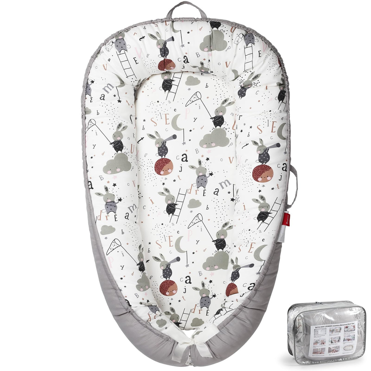 BUTOA baby lounger with breathable cover for comfortable supervised lounging.
