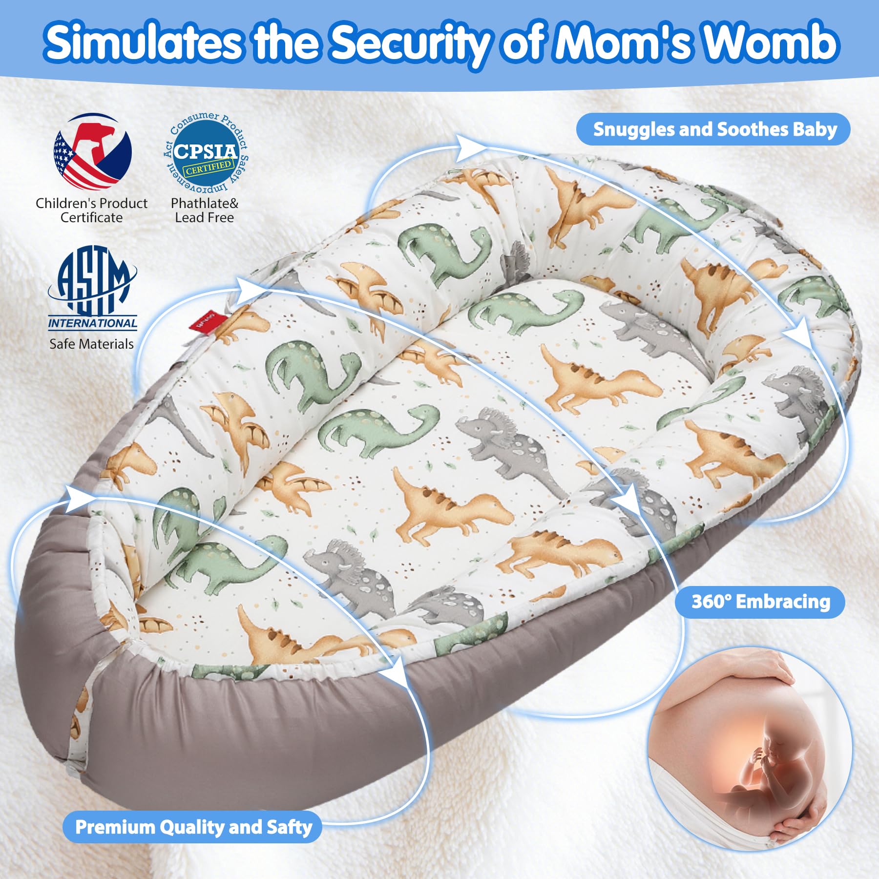 BUTOA Baby Lounger with organic cotton bumper for safer sides and support.