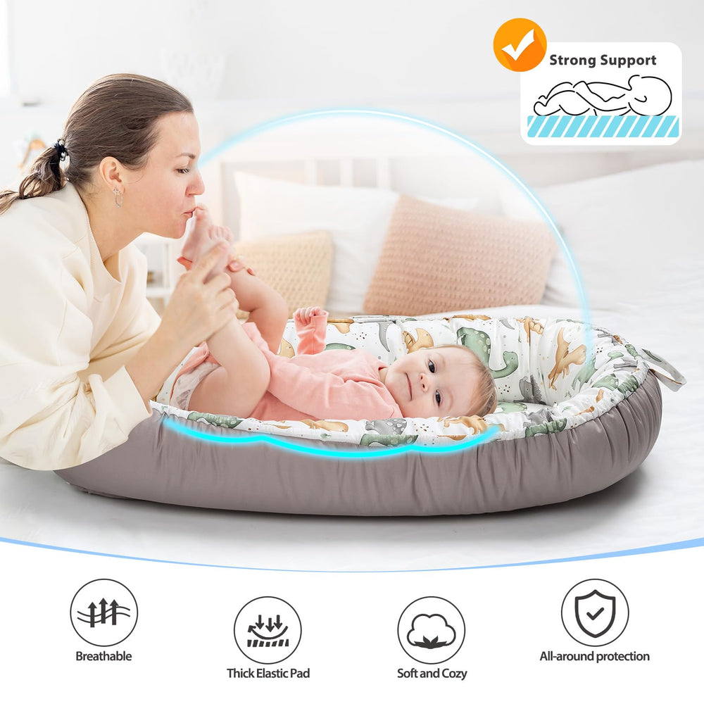 BUTOA Baby Lounger thick mattress supports comfortable tummy time.