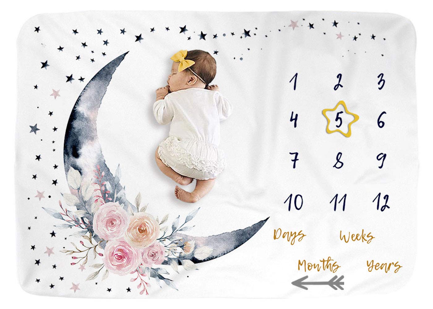 BUTTZO Floral Moon milestone blanket shows monthly growth with arrow markers in plush fleece.
