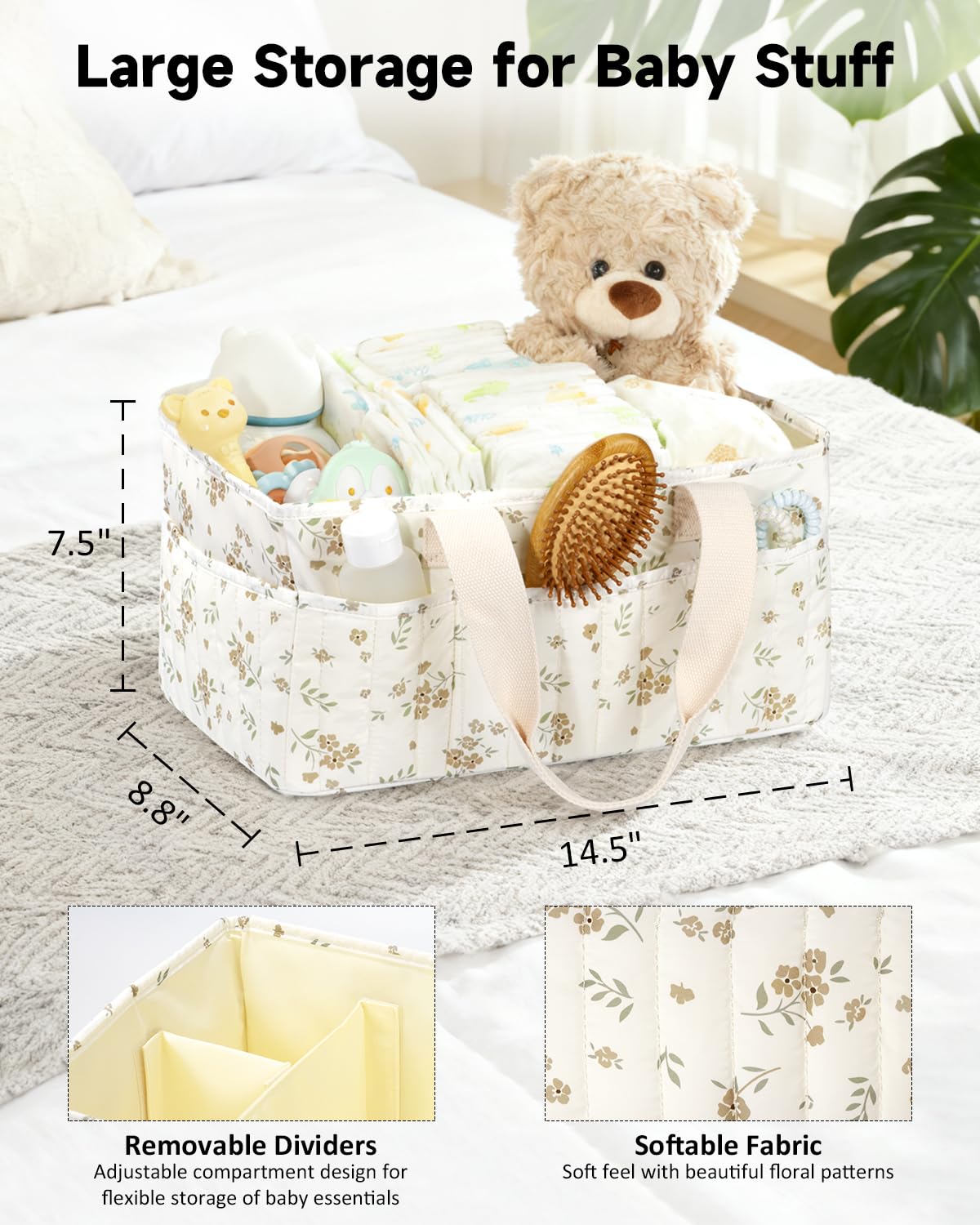BuyCard Floral Bbay Diaper Caddy with Multi-Compartments organizes creams, wipes, and small accessories