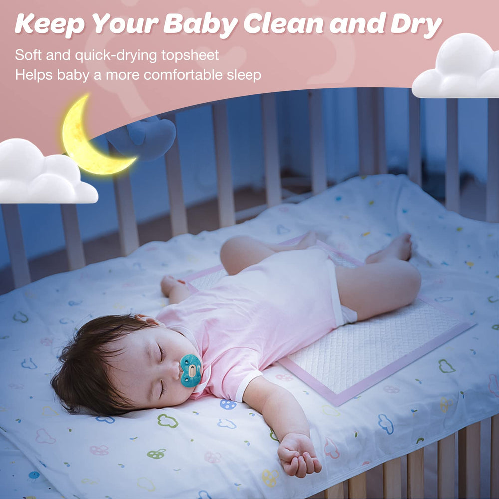 Buyockss pink disposable underpads with leakproof back, protect furniture during diaper or potty time.