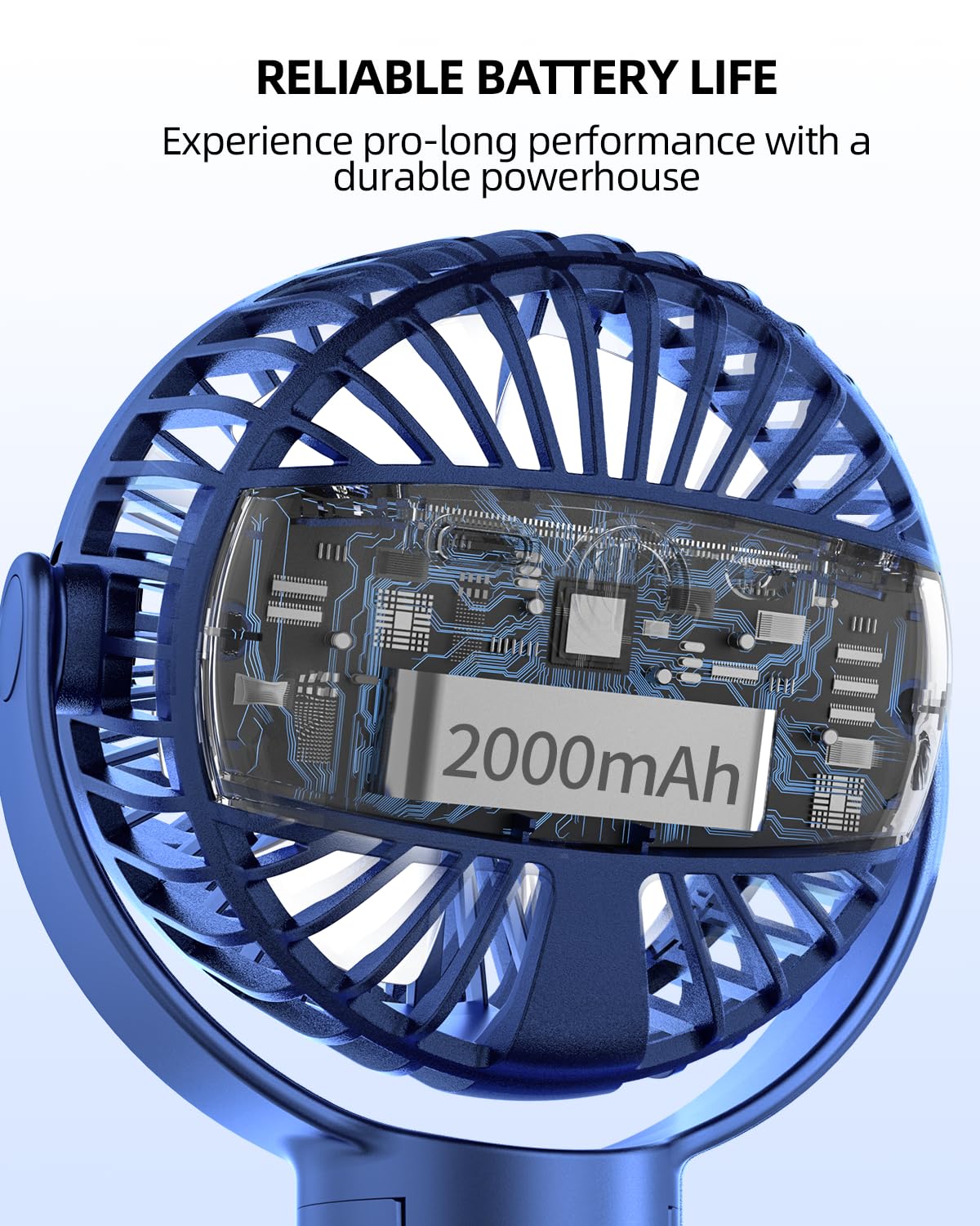 Buywoo battery-powered portable fan with USB recharge for on-the-go use.