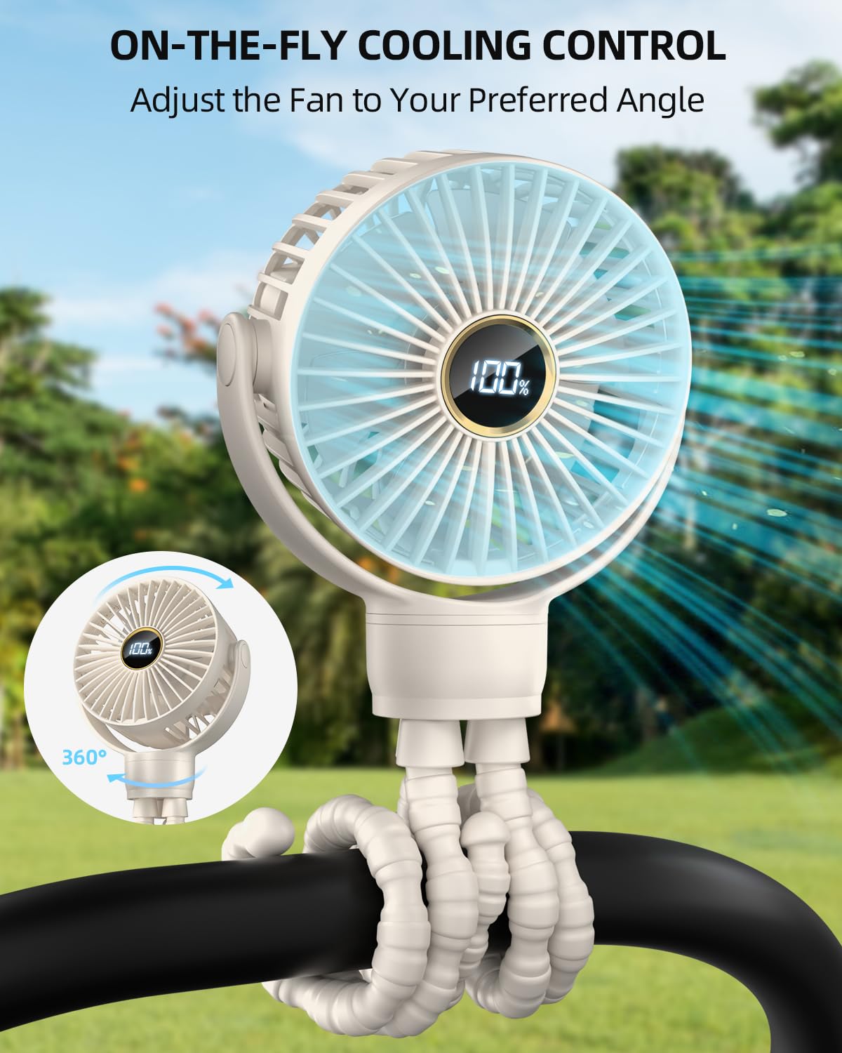 BuyWoo mini clip-on fan attached to a stroller for hands-free cooling.