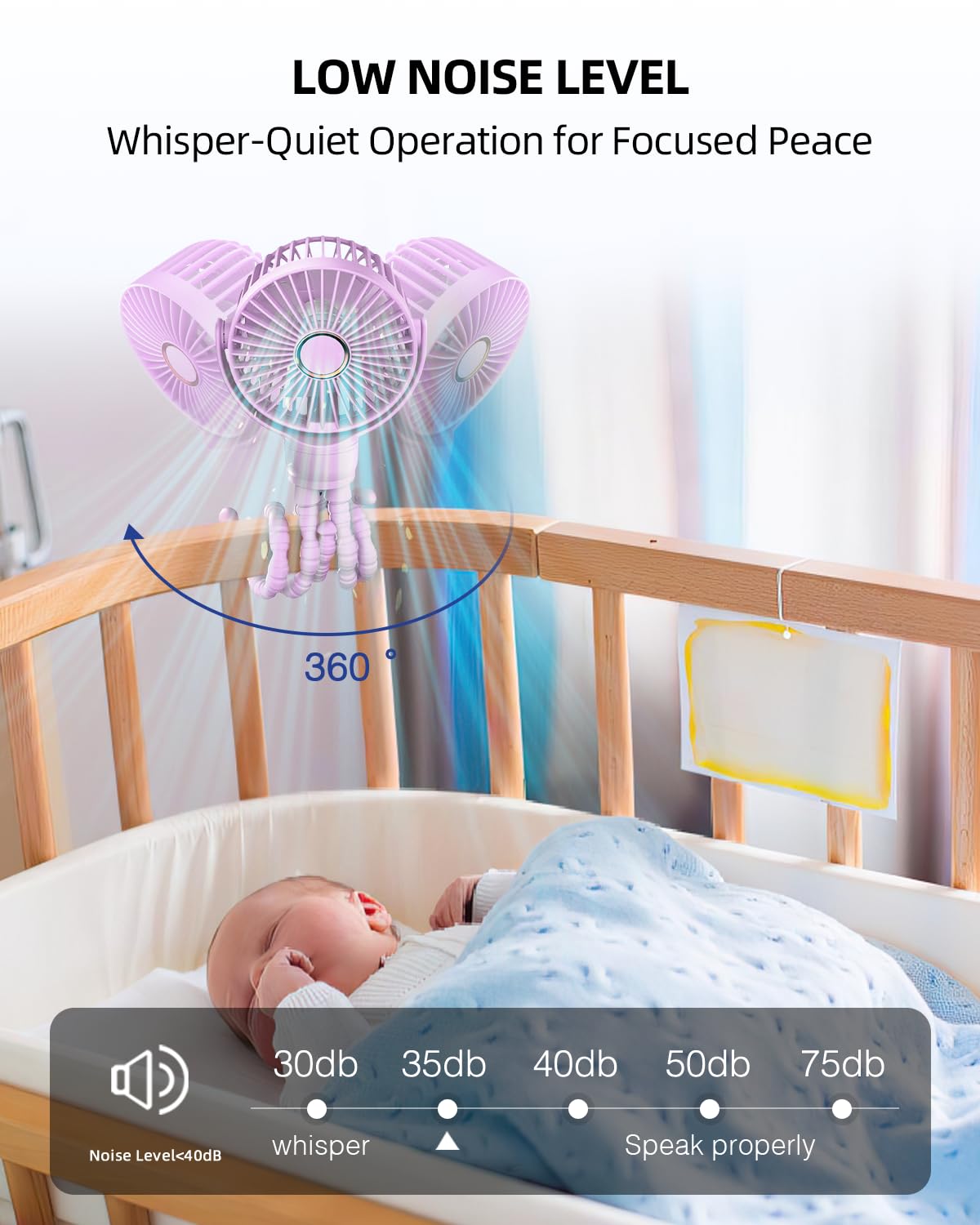 Buywoo mini-fan USB rechargeable for car seat and crib comfort.