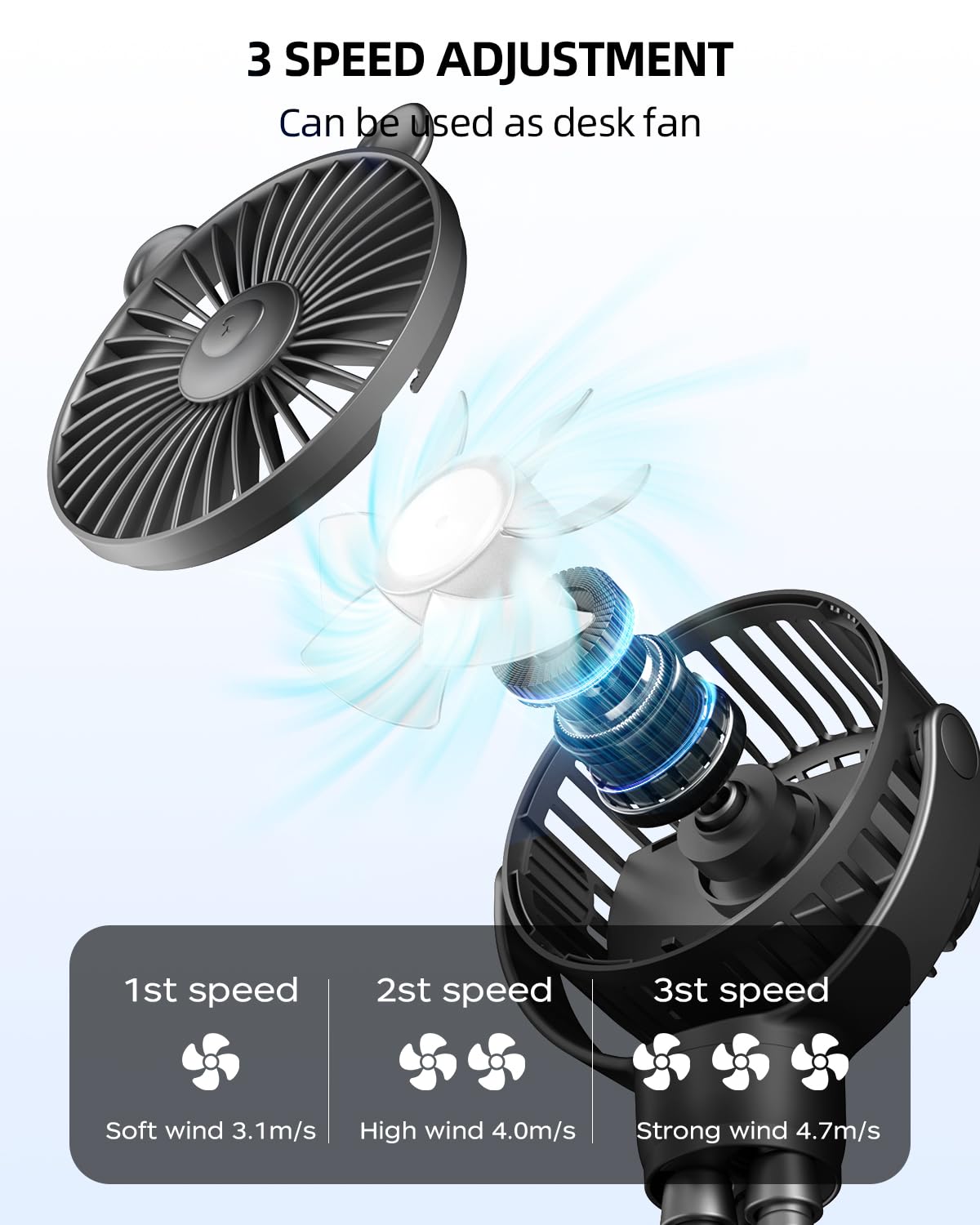 Buywoo battery-powered clip fan stays charged during outings with USB recharge
