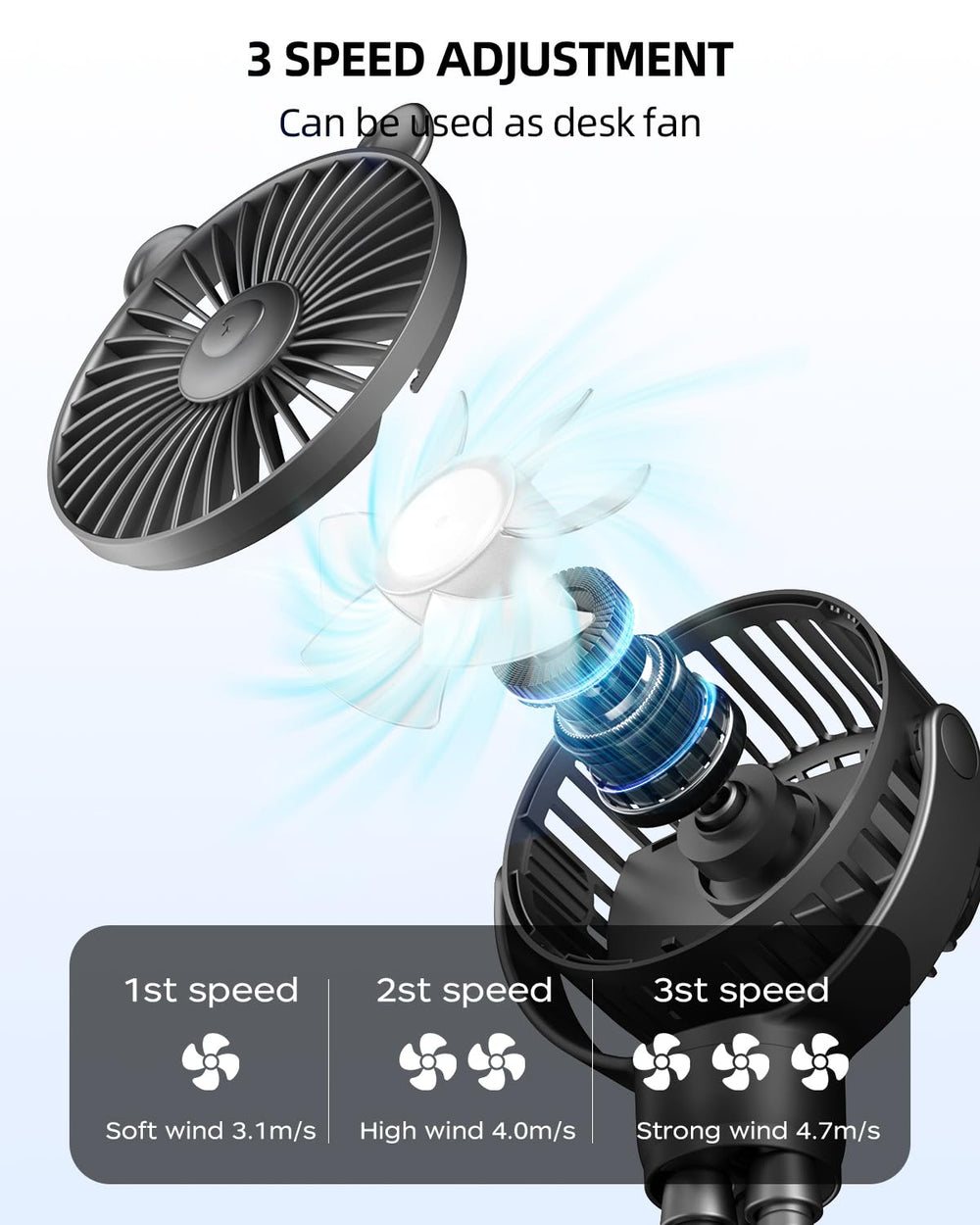 Buywoo battery-powered clip fan stays charged during outings with USB recharge