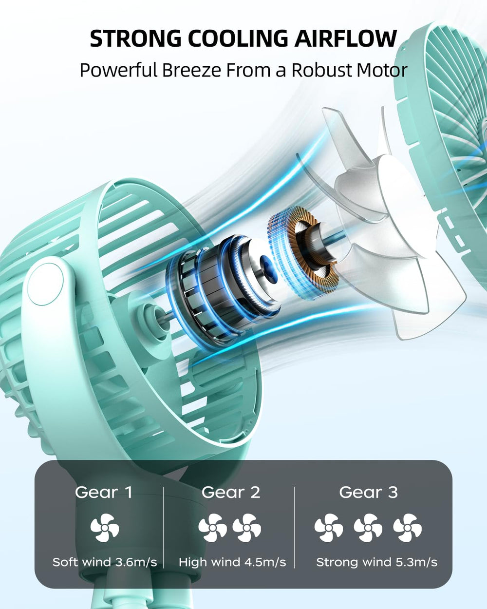 BuyWoo portable stroller mini fan with 360-degree rotation directing airflow on the go.