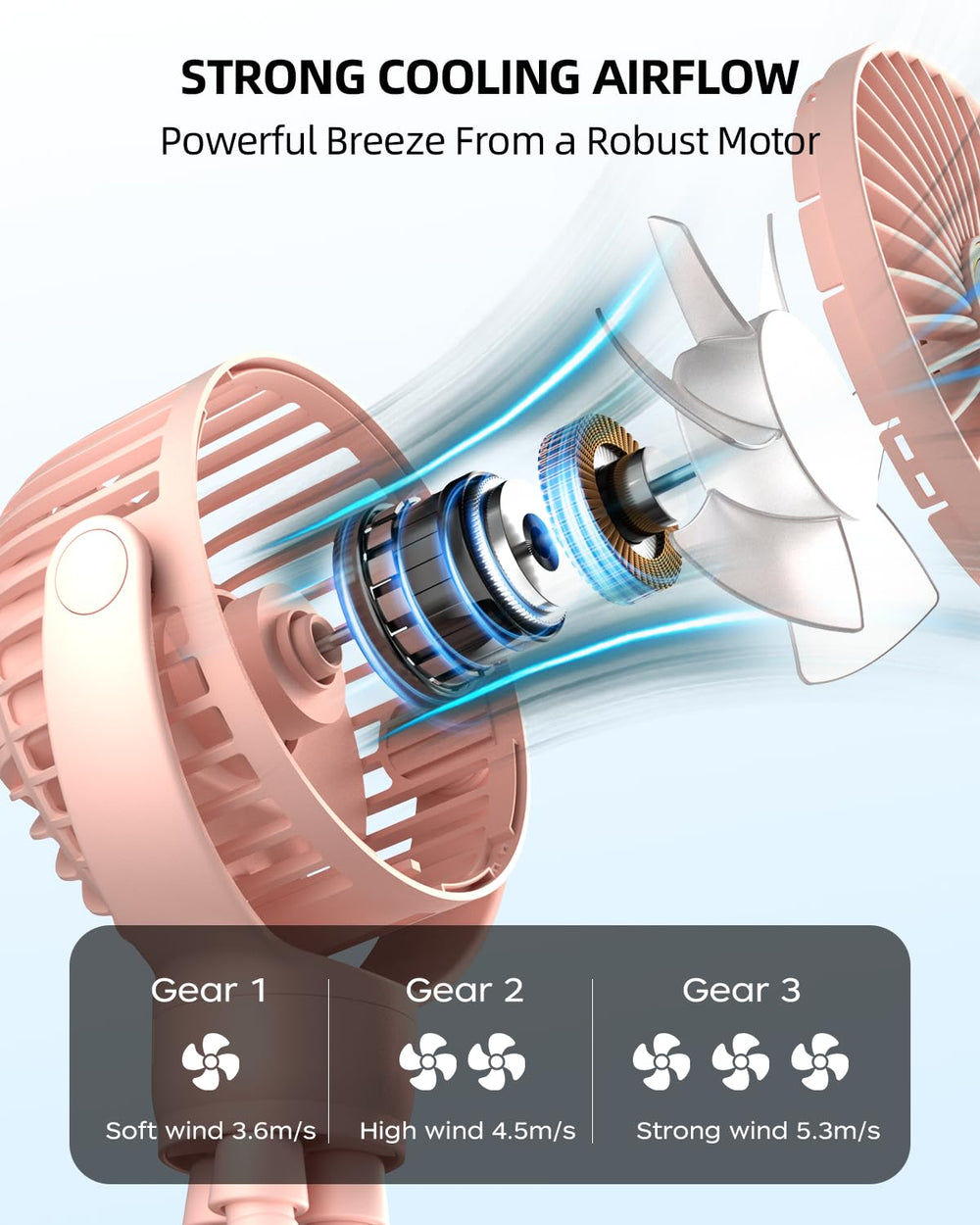 BuyWoo portable stroller mini fan USB-rechargeable for easy charging anywhere.