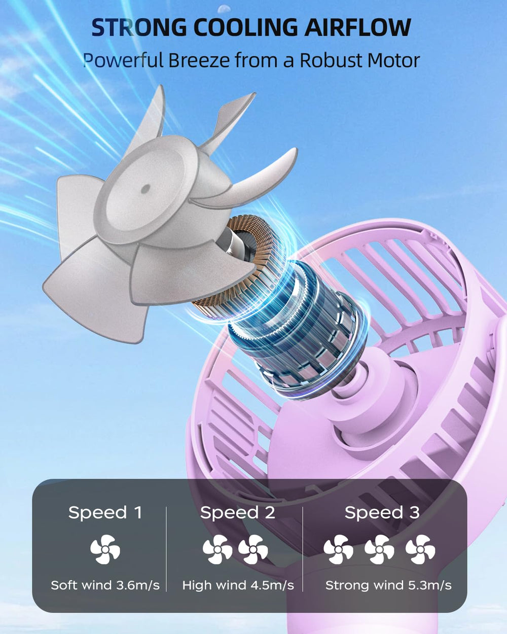 Buywoo stroller-fan with 360-degree rotation for versatile wind direction.
