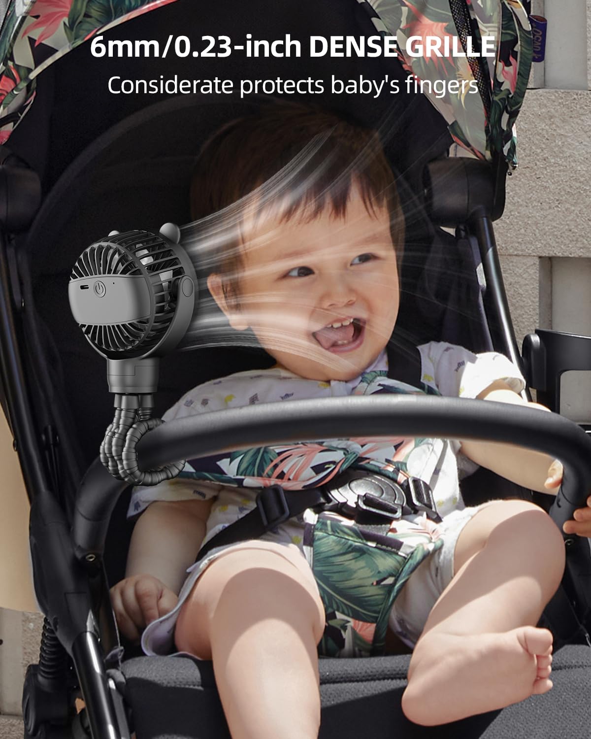 Buywoo stroller fan with rotatable head delivering 360° airflow on the go