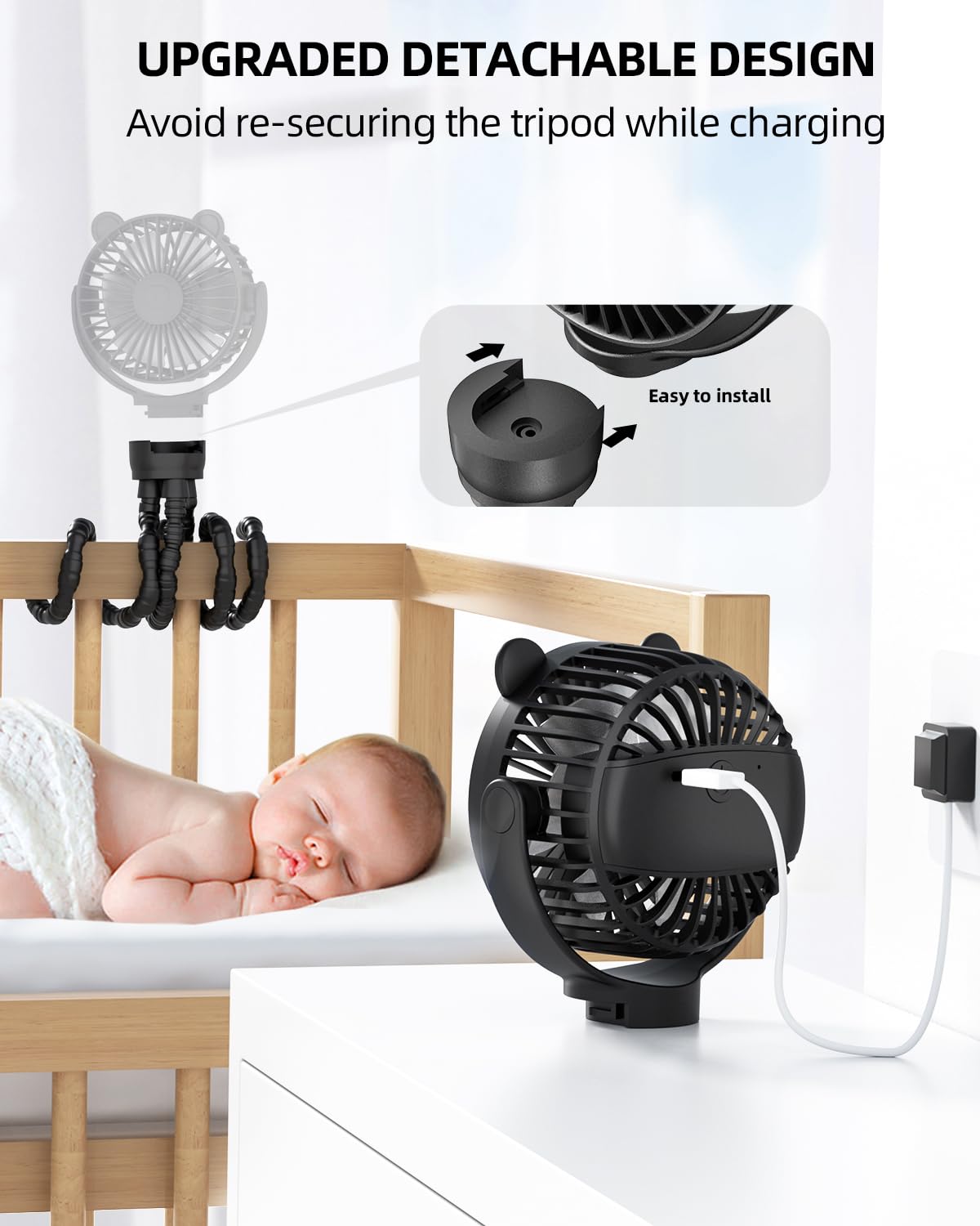 Buywoo portable clip-on fan designed for car seats, cribs, and strollers