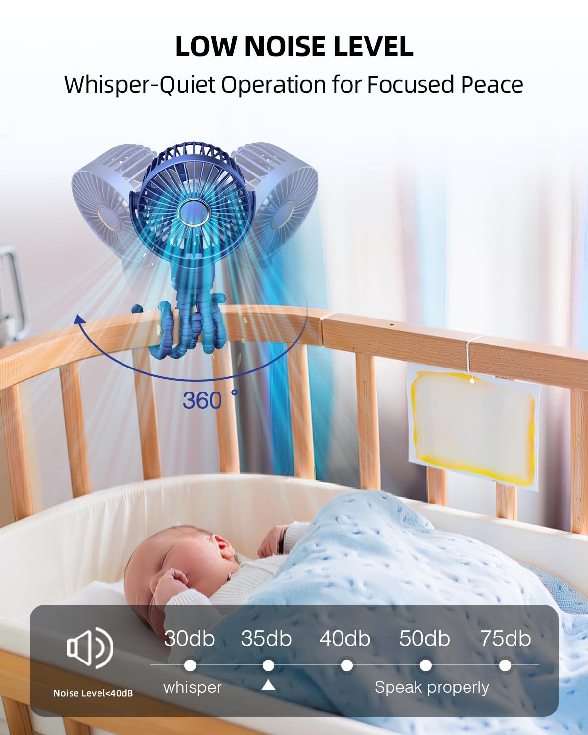 Buywoo three-speed stroller fan adapts to warm outdoor moments.