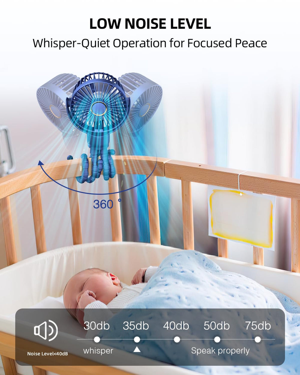 Buywoo three-speed stroller fan adapts to warm outdoor moments.