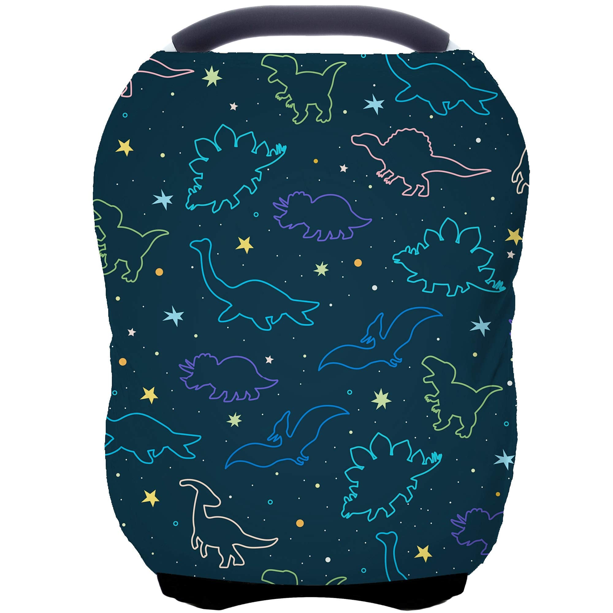 ByeBye Calorie dark blue dinosaur canopy offers full coverage for breastfeeding privacy.