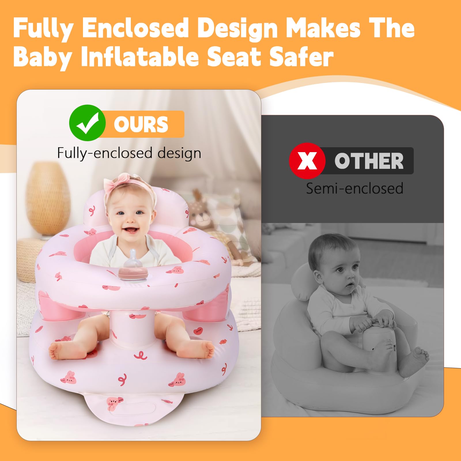 BYEQWB inflatable baby seat bionic-embrace design offers a comforting sitting experience.